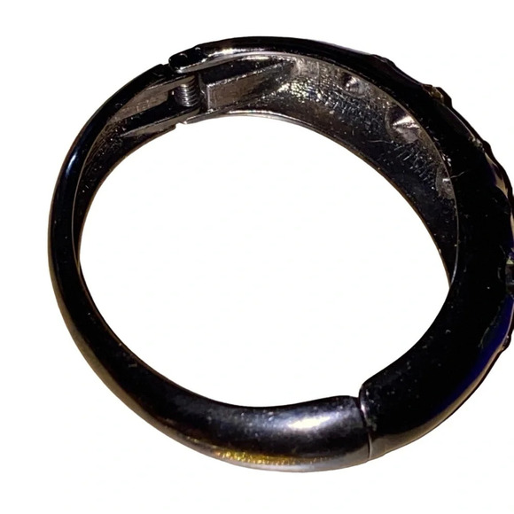 Vintage Black Enamel Rhinestone Clamp Clamper Bangle Bracelet Silver Tone - Picture 3 of 5